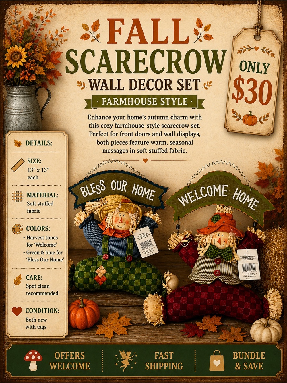 Farmhouse Scarecrow Decor Set Autumn Wall Welcome Plaques